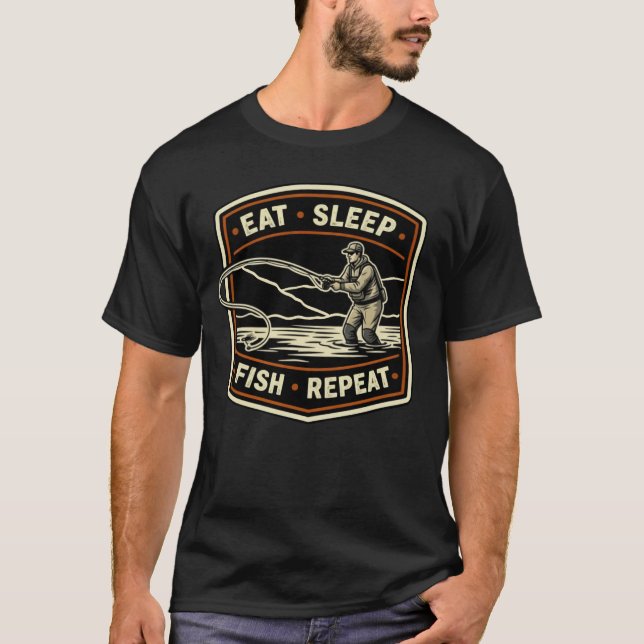 T-shirt Conception de pêche à la mouche rétro manger dormi (Devant)