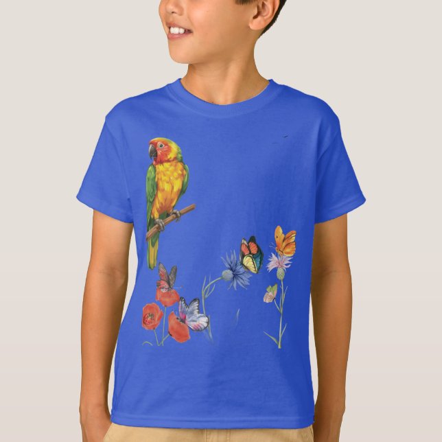T-shirt conception de perroquet et papillons à l'aquarelle (Devant)