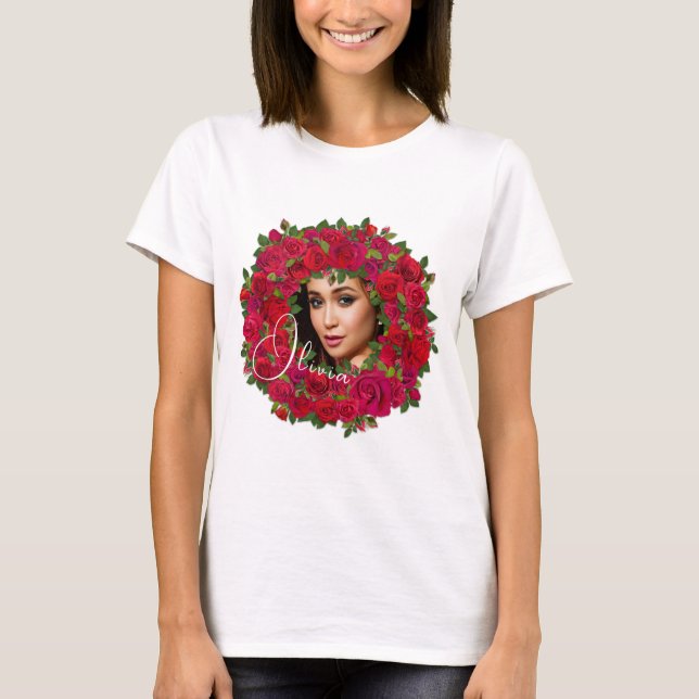 T-shirt Conception de photo de rose rouge avec texte perso (Devant)