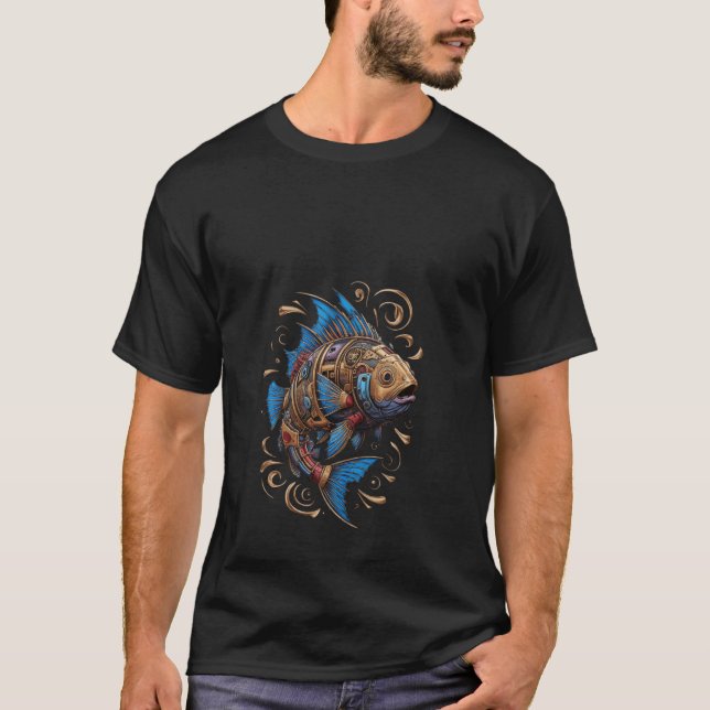 T-shirt Conception de poisson Steampunk bleu et or pour pa (Devant)