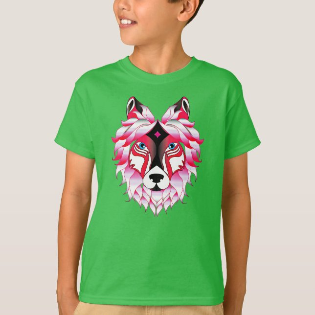 T-shirt Conception de polygone de tête de loup rose-24531 (Devant)