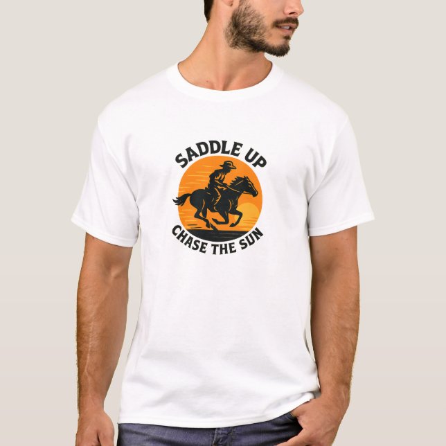 T-shirt Conception de poursuite de cow-boy au coucher du s (Devant)
