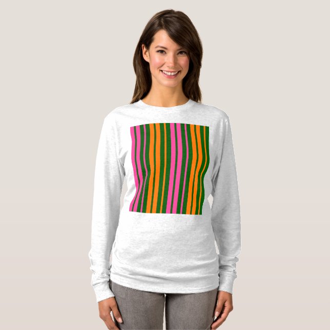 T-shirt Conception de rayures verticales vert orange rose  (Devant entier)