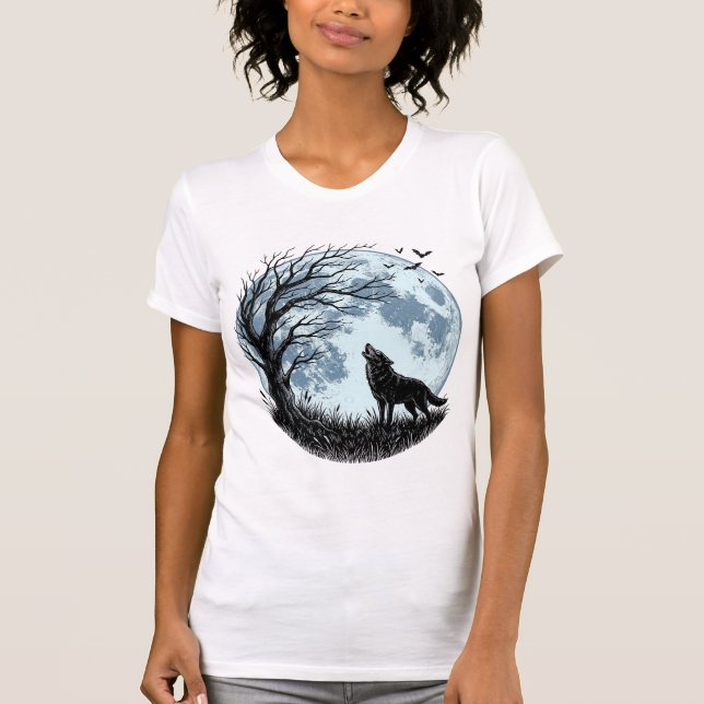 T-shirt Conception de silhouette d'arbre de lune hurlant l (Devant)