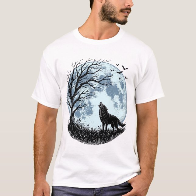 T-shirt Conception de silhouette d'arbre de lune hurlant l (Devant)