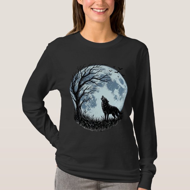 T-shirt Conception de silhouette d'arbre de lune hurleur d (Devant)