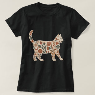 T-shirt Conception de silhouette de chat floral d'art folk