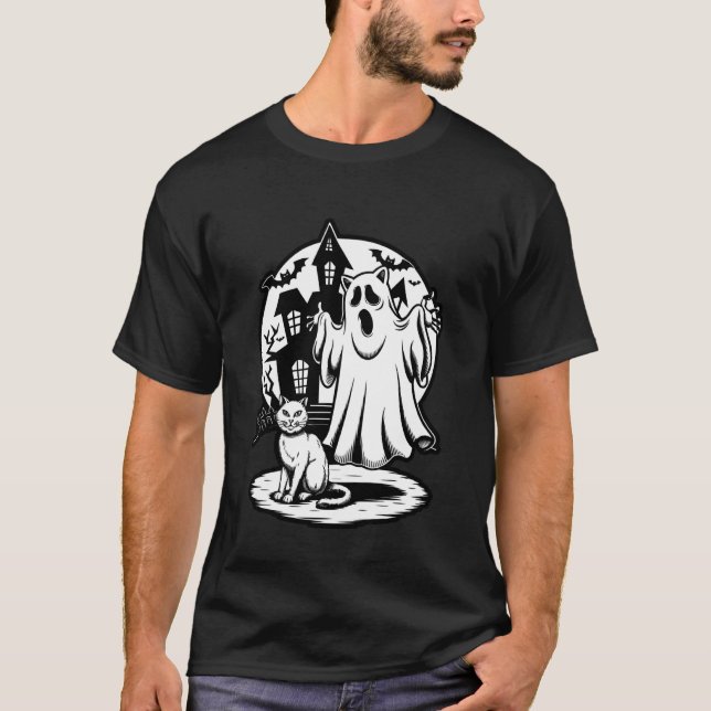 T-shirt Conception de style de poche de fantôme et chat mi (Devant)