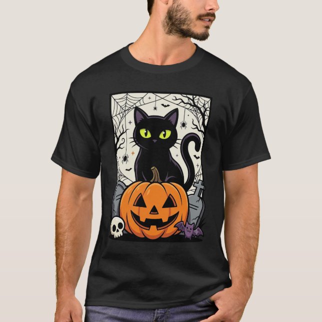 T-shirt Conception de vecteur de citrouille de chat noir H (Devant)