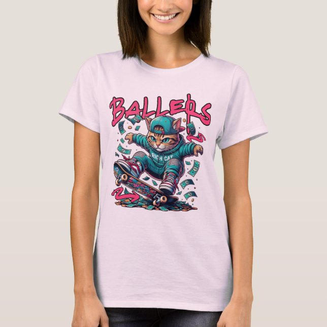 T-shirt Conception de vêtements de rue Ballers Rich Cat –  (Devant)