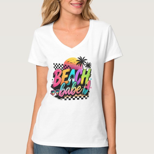T-shirt Conception de vibes rétro d'été de fille de plage (Devant)