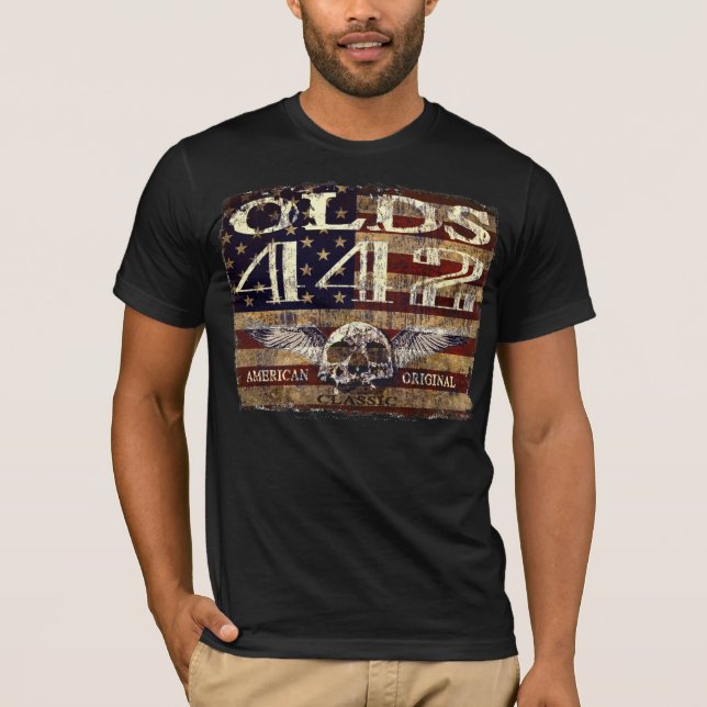 T-shirt Conception d'Oldsmobile 442 contre le drapeau (Devant)