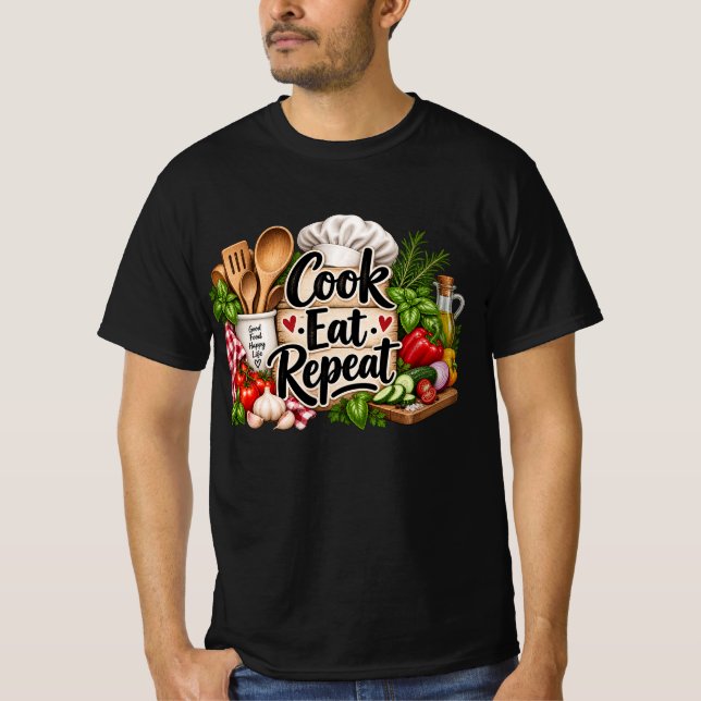 T-shirt Conception drôle de cuisiner, manger, répéter (Devant)