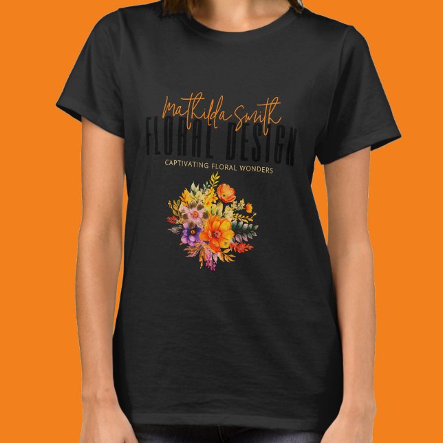 T-shirt Conception Florale Sophistiquée Fleurs Noir Orange (Créateur téléchargé)