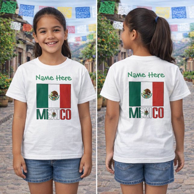 T-shirt Conception personnalisée de nom de drapeau du Mexi (Girls tee with Mexico flag, green name text above and MEXICO lettering below, front and back views.)