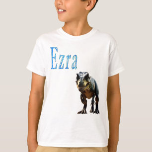 T-shirt Conçu en bleu, nom Ezra avec dinosaure Tréx,