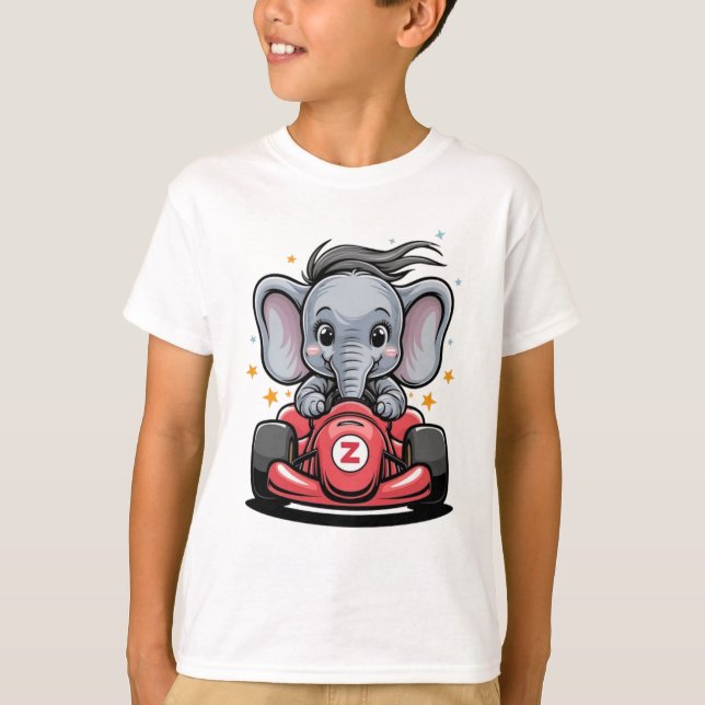 T-shirt Conducteur de voiture de course éléphant bébé mign (Devant)
