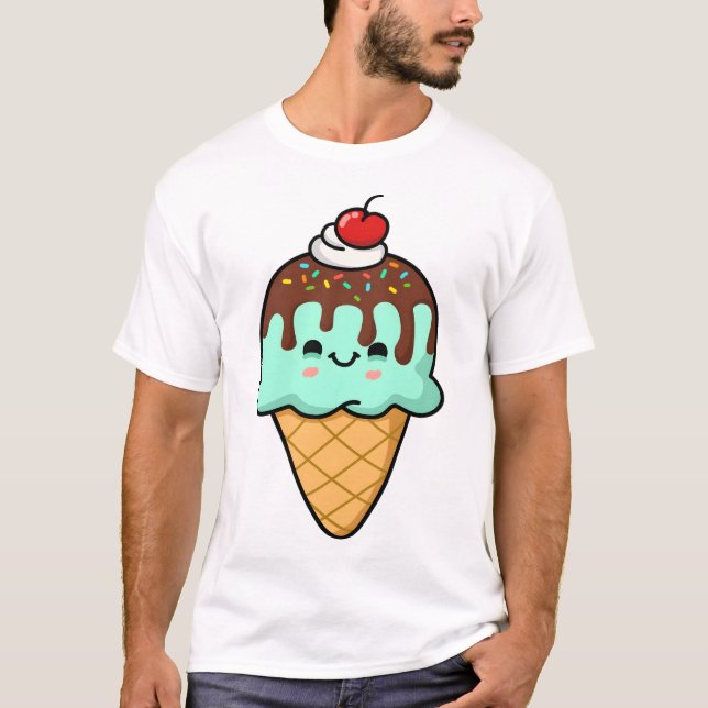 T-shirt Cône de glace à la menthe Kawaii (Devant)