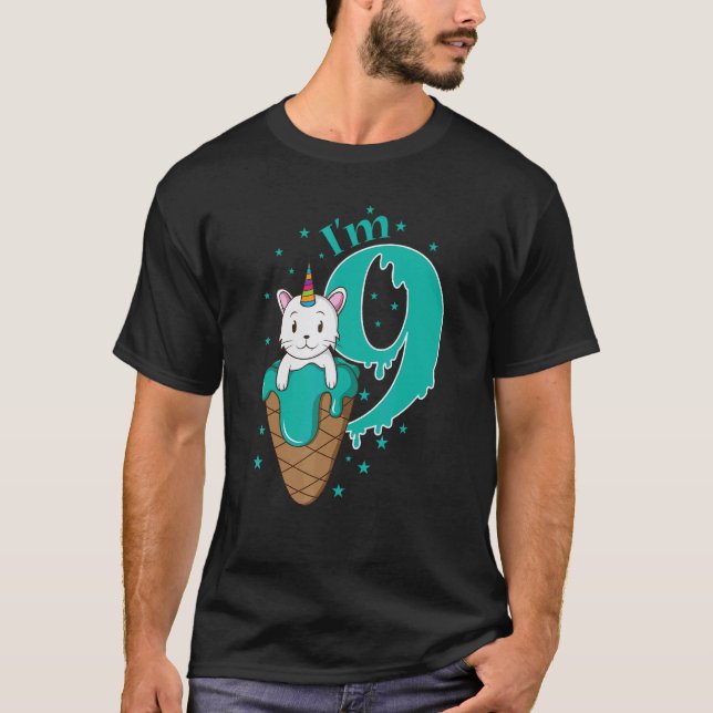 T-shirt Cône de glace Licorne Chat 9e Anniversaire (Devant)