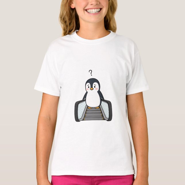 T-shirt Confused Cute Penguin Standing on Escalator (Devant)