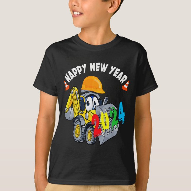 T-shirt Construction Excavator Happy New Year 2024 For Boy (Devant)