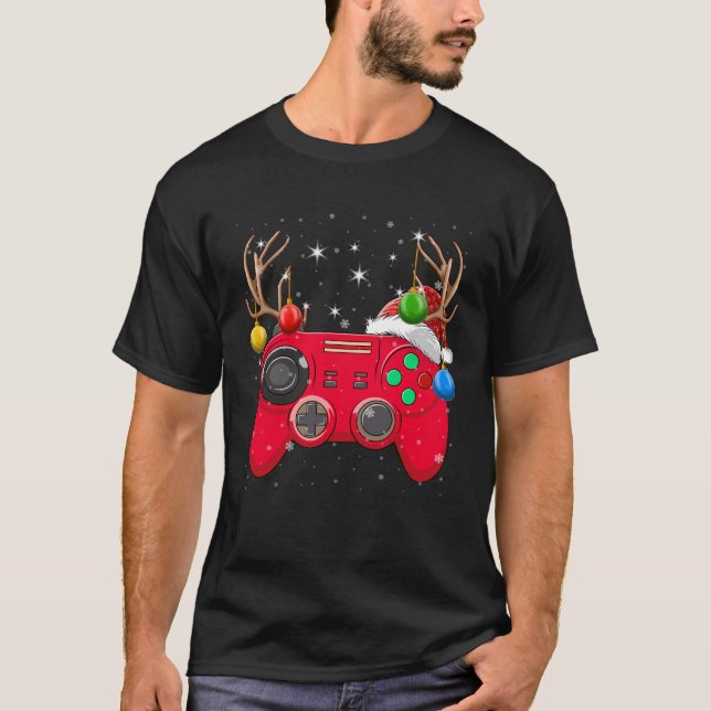 T-shirt Contrôleur de jeu vidéo Jeu de Noël Arbre Lumière  (Devant)