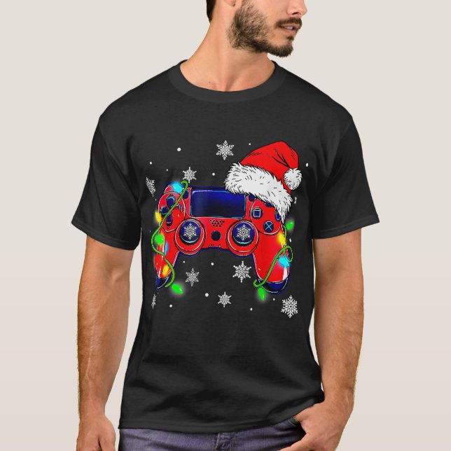 T-shirt Contrôleur de jeu vidéo Noël Santa Hat Gamer Bo (Devant)