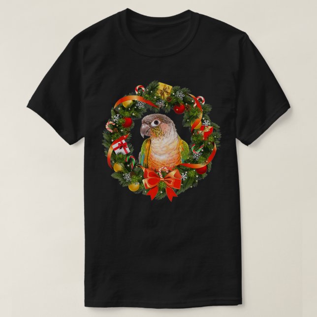 T-shirt Conure Perruche à joue verte Couronne de Noël  (Design devant)