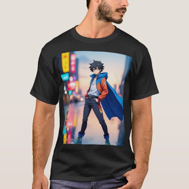 T-shirt Cool Anime Boy in Neon City – Stylish Anime Charac (Devant)