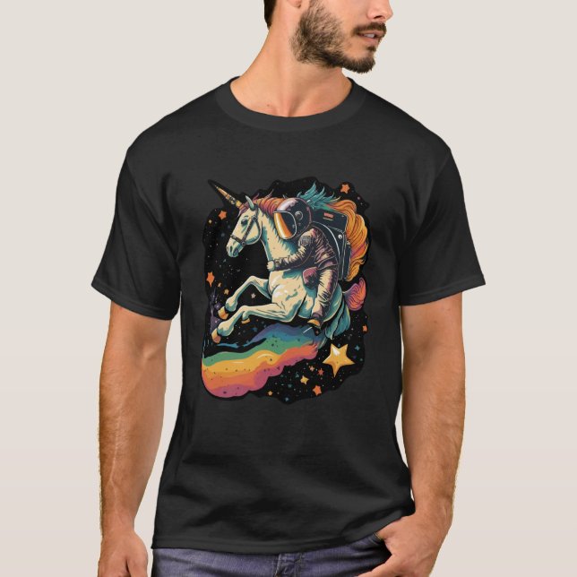 T-shirt Cool Astronaut Spaceman Riding A Rainbow Unicorn I (Devant)