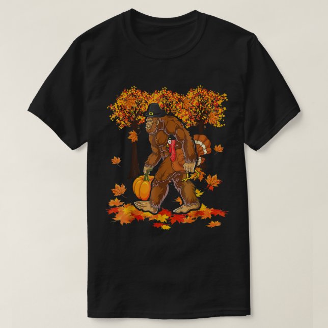 T-shirt Cool Bigfoot Holding Citrouille Et Turquie Thanksg (Design devant)