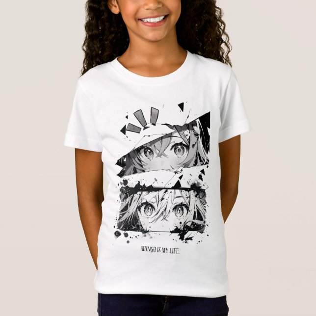 T-Shirt Cool Black White Manga Eyes Anime Girls Graphic Te (Devant)
