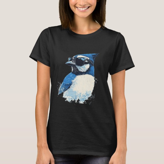 T-shirt Cool Blue Jay Bird Wearing Sunglasses (Devant)