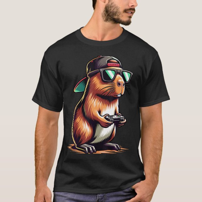 T-shirt Cool Capybara Playing Video Games. Funny Gamer Cap (Devant)