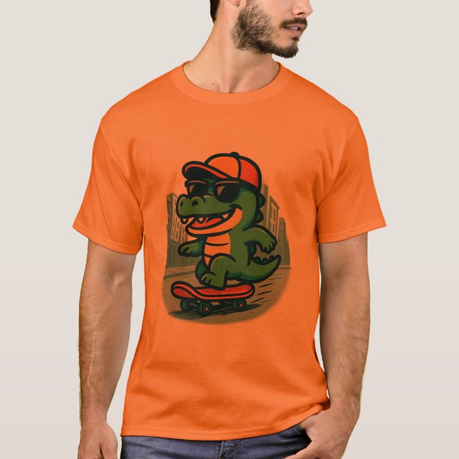 T-shirt Cool Cartoon Crocodile Skateboarding (Devant)