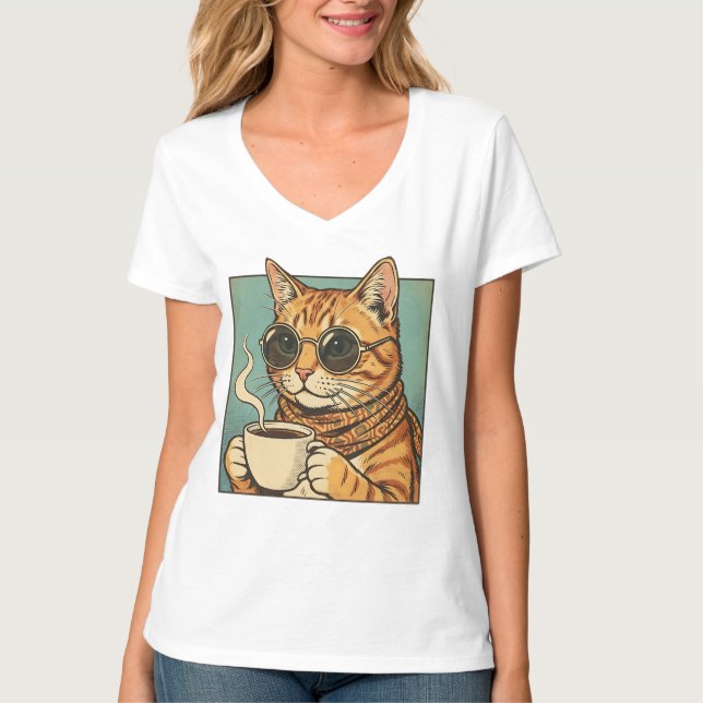 T-shirt Cool Cat Coffee Retro Style Design for Cat Lovers (Devant)