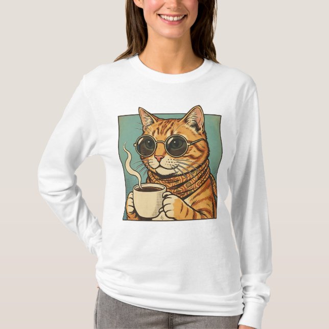 T-shirt Cool Cat Coffee Retro Style Design for Cat Lovers (Devant)
