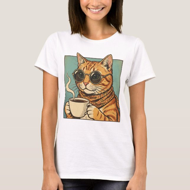 T-shirt Cool Cat Coffee Retro Style Design for Cat Lovers (Devant)
