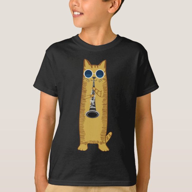 T-shirt Cool Cat Playing The Clarinet Design Hippy Hipster (Devant)