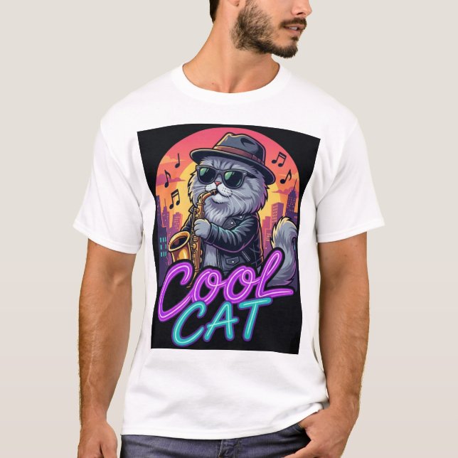 T-shirt Cool Cat Saxophone – Retro Neon 90s Jazz Cat Desig (Devant)