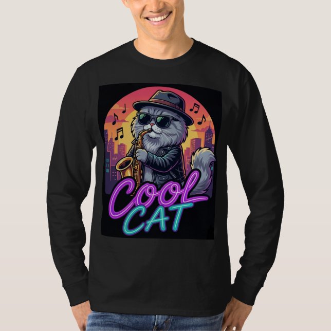T-shirt Cool Cat Saxophone – Retro Neon 90s Jazz Cat Desig (Devant)