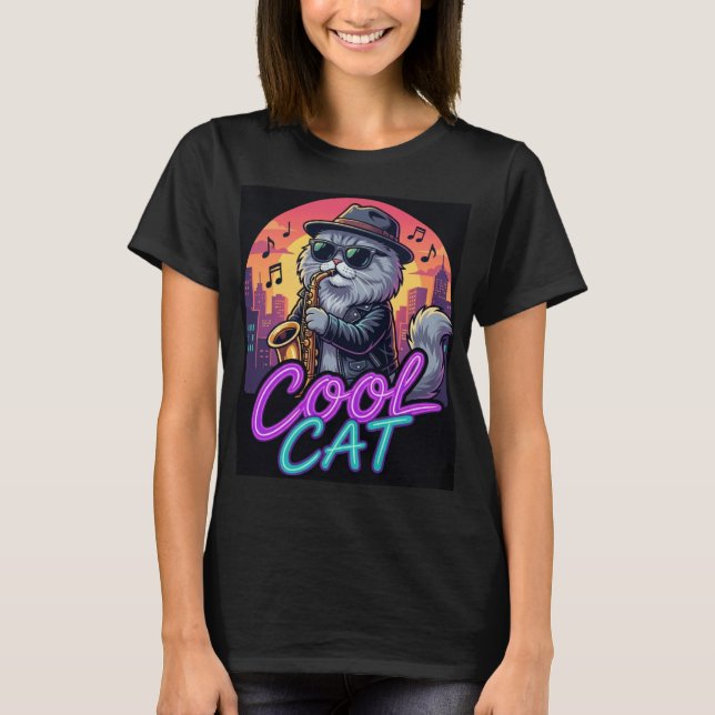 T-shirt Cool Cat Saxophone –Retro Neon 90s Jazz Cat Design (Devant)
