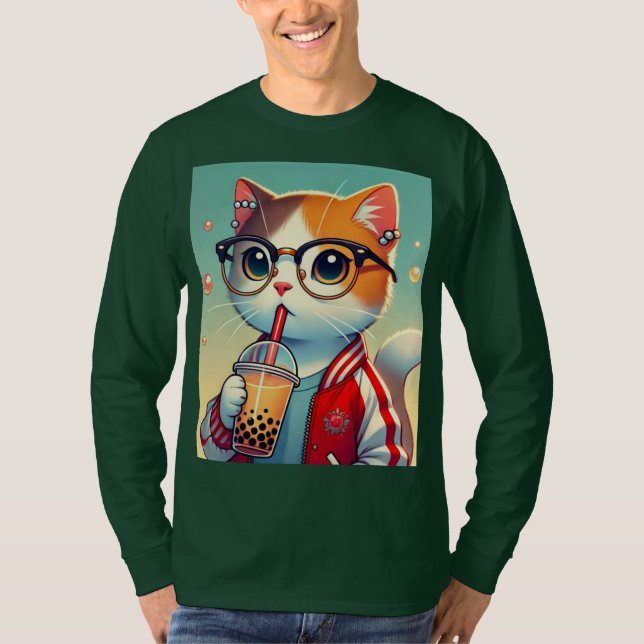 T-shirt Cool Chat en train de boire du boba (Devant)