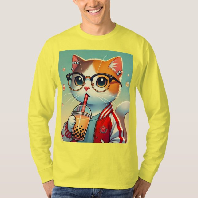T-shirt Cool Chat en train de boire du boba (Devant)