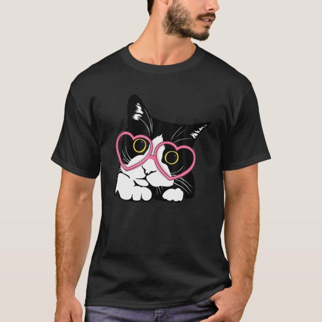 T-shirt Cool Chat Noir Kitten Lunettes de coeur Rouge Bonn (Devant)