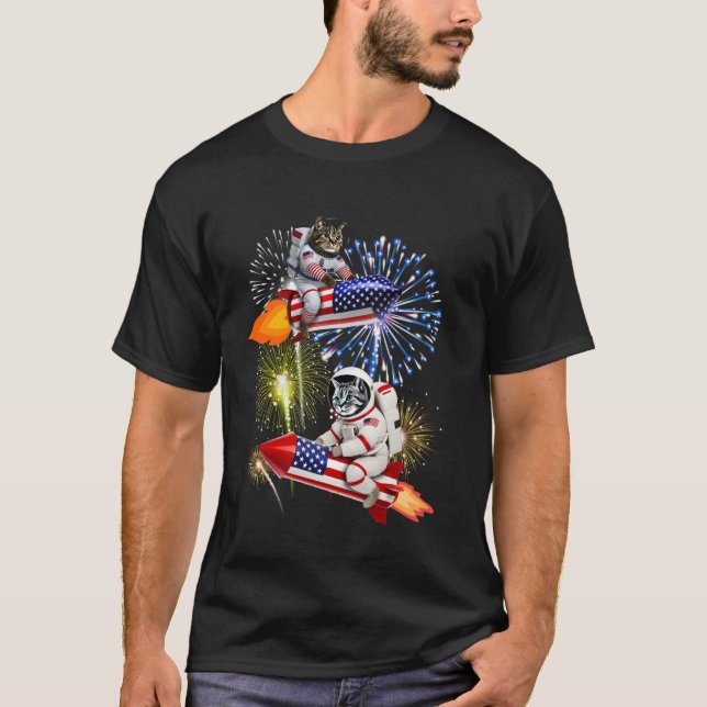 T-shirt Cool Chat Riding Rocket USA Fireworks Astronaut US (Devant)