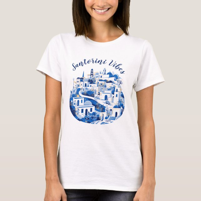 T-shirt Cool Croquis bleu Santorin Illustration de voyage  (Devant)