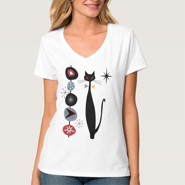 T-shirt Cool de l'ère atomique rétro Chat noir Chat MCM (Devant)