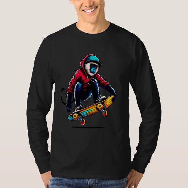 T-shirt Cool Funky Colobus Monkey Skateboard Illustrati (Devant)