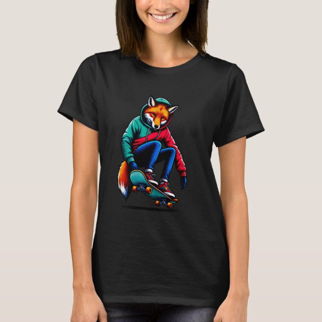 T-shirt Cool Funky Fox Skateboard Illustration Art (Devant)